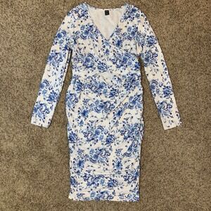 SHEIN Blue Floral Ruched Wrap V Neck Long Sleeve Midi Dress Size S